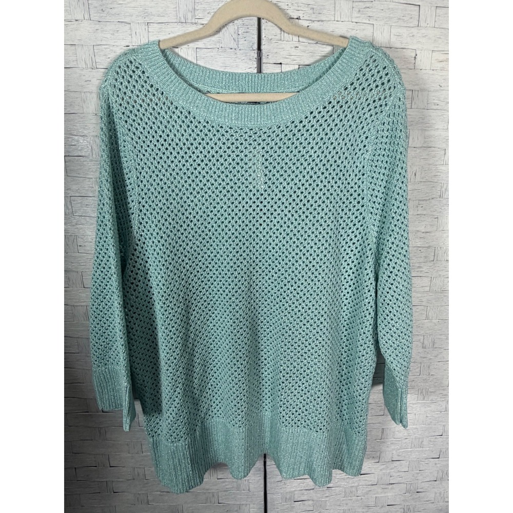 Talbots Plus Womens Sweater Aqua Blue Metallic Open Knit 3/4 Sleeve Mesh Plus Sz